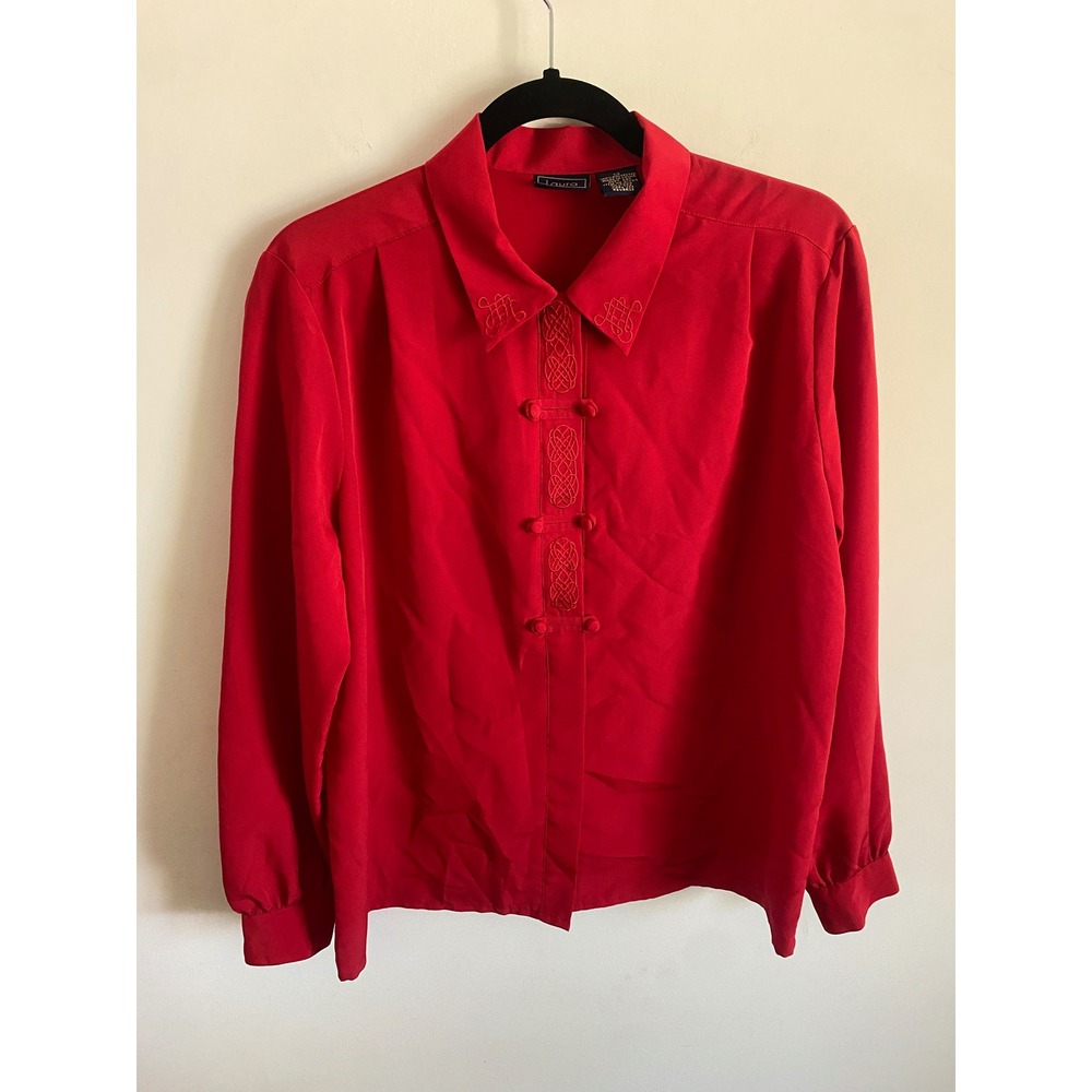 Laura Scott Womens Red Embroidered Frog Closure Long Sleeve Blouse Size 12